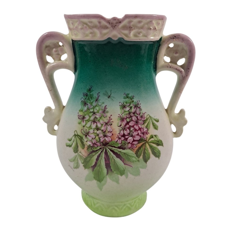 Antique Austrian Porcelain Vase Hand Painted Flowers Dragon Fly Art Nouveau 7.5"